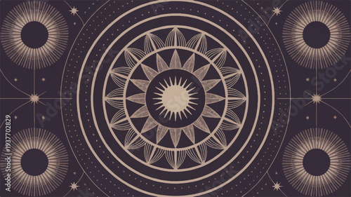 Geometric mandala design with concentric circles and floral patterns on dark background