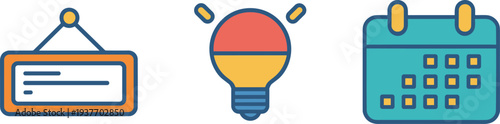Business and productivity icon set featuring hanging sign light bulb idea and calendar schedule colorful vector illustration for planning creativity organization and office management