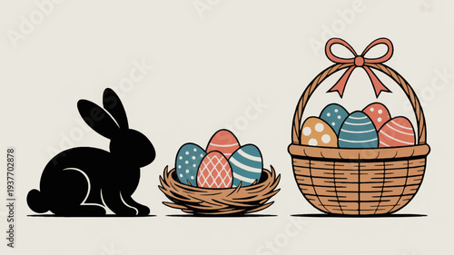 Easter bunny silhouette beside wicker baskets filled colorful eggs on beige background