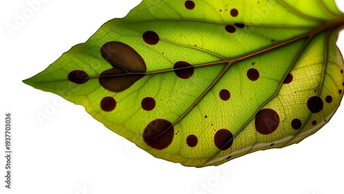 Abstract close-up of a wilting green leaf with dark spots, starkly contrasted against a sterile white background.