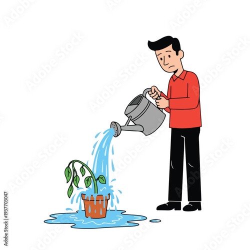 Man watering a houseplant with a watering can on white background