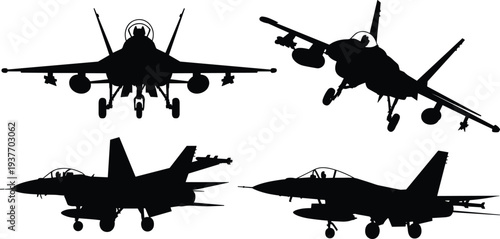 Military fighter jet aircraft silhouette set showing different angles of combat airplanes isolated vector illustration for aviation defense air force technology and warfare concept