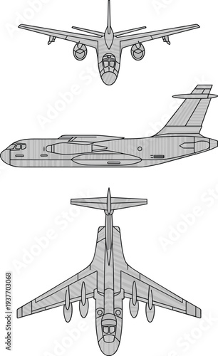 Military transport aircraft blueprint vector illustration showing front side and top views cargo airplane design for aviation engineering defense logistics and air force transport operations