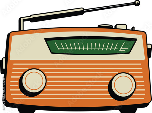 Vintage portable radio receiver illustration with antenna tuning dial and speakers representing classic analog broadcasting device for retro music listening communication technology and nostalgic