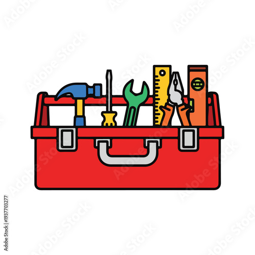 Red toolbox with various tools inside on white background