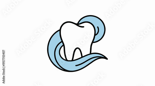 Stylized graphic of a healthy white tooth with dynamic blue swirling lines, symbolizing freshness, cleanliness, and excellent oral hygiene for dental care concepts