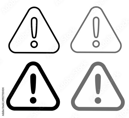 Warning exclamation mark icons in outline and solid styles with black and gray color variations