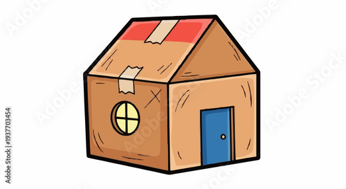 Illustrative depiction of a simple cardboard house icon representing homeownership or real estate concepts