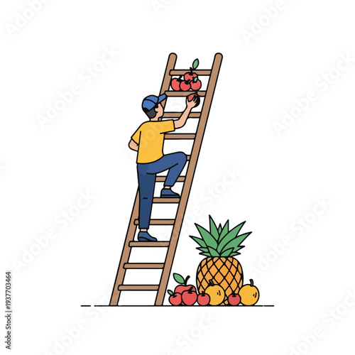 Man climbing ladder to pick fruit from top shelf