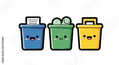Cute cartoon recycling bins for waste segregation, promoting environmental responsibility and sustainable living through a cheerful, eco-friendly illustration
