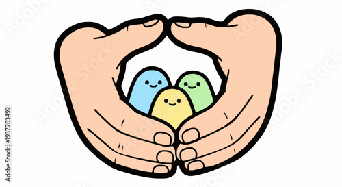 A comforting embrace of hands symbolizing protection and care for small, vulnerable individuals, representing security, community, and support for their well-being and growth