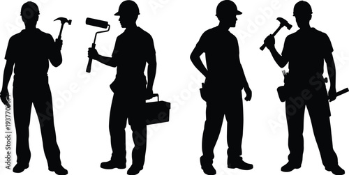 Construction worker silhouettes with hammer paint roller toolbox, builders standing with tools, industrial labor workforce illustration set