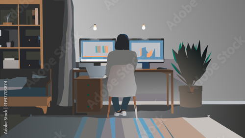 Remote worker sitting at desk with dual monitors in modern home office with plants and bookshelves