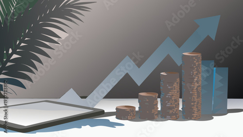 Financial growth concept with rising graph and coins on a white surface with a plant