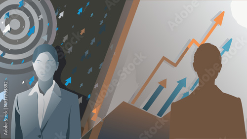 Business strategy and success concept with two professionals facing contrasting market trends and goals
