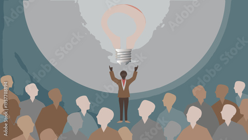 Businessman holding giant lightbulb above crowd symbolizing innovative idea or leadership in a professional setting with a blue background