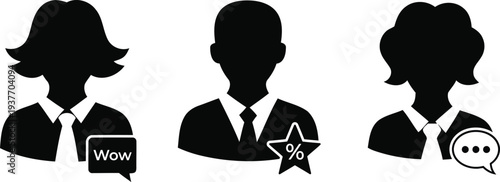 Three anonymous business professionals with chat and rating symbols