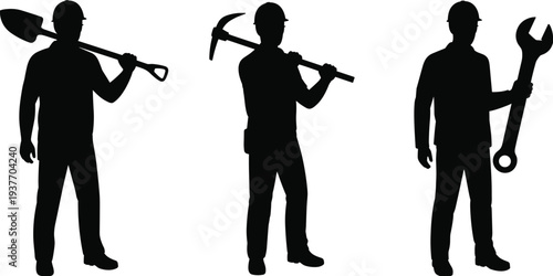 Construction worker silhouettes with shovel pickaxe wrench tools, builders industrial labor workforce standing poses illustration collection