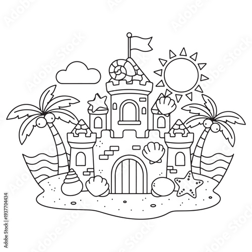 Beach Scene Coloring Page with Sandcastle, Palm Tree, Sun and Waves for Kids
