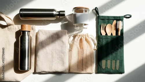 Flat lay of reusable sustainable products for eco-friendly lifestyle