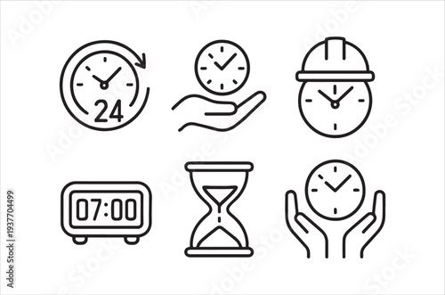 Time management and construction icons clocks hourglass and worker helmet set
