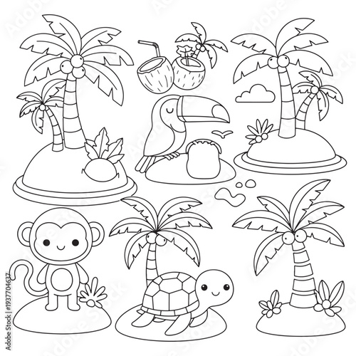 Tropical Beach Animals Coloring Page with Monkey, Turtle and Toucan for Kids
