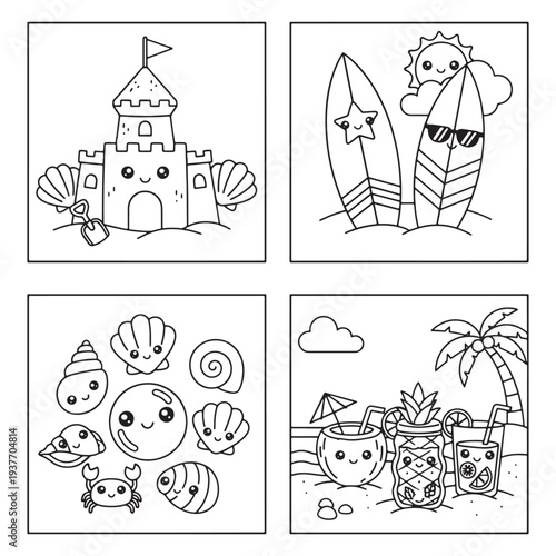 Summer Beach Coloring Pages Set with Sandcastles, Surfboards, Shells and Drinks for Kids
