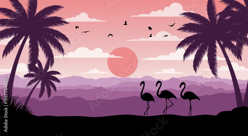 Beautiful tropical sunset vector illustration featuring palm trees and flamingos walking along the beach in a serene landscape