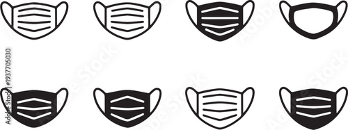 Medical and Surgical Face Mask Icon Set – Virus Protection, Covid Respirator Nose Mouth Safety Symbols Vector