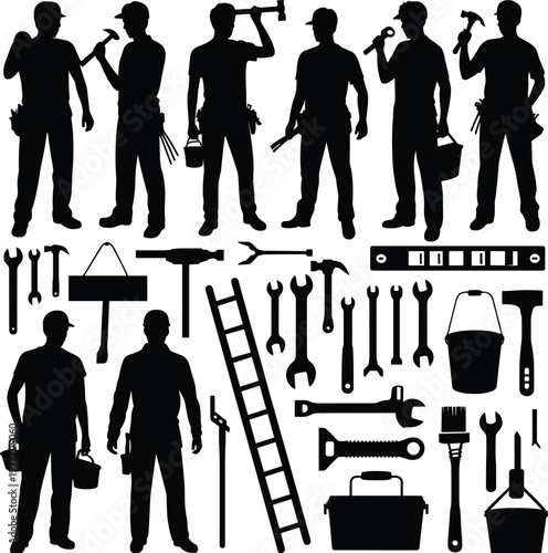 Construction worker silhouettes with tools set, builders holding hammer toolbox ladder equipment industrial labor workforce illustration collection
