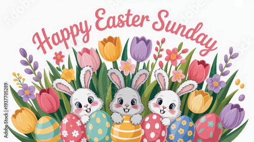 Three cute white bunnies with colorful easter eggs and flowers on happy easter sunday