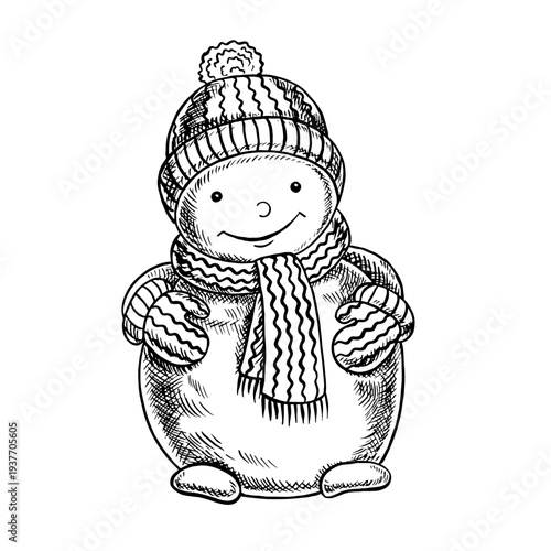 Christmas snowman. Black and white graphics, handmade vector illustration. Cute snowman wearing a warm hat, scarf, and mittens. Perfect for postcards, posters, banners, packaging, and more.