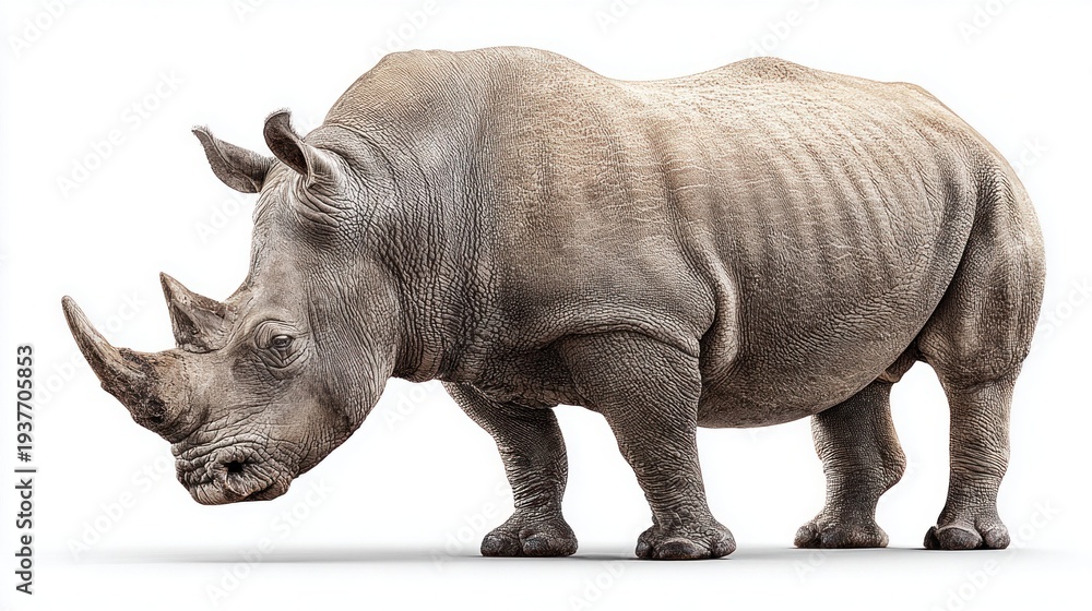 Obraz premium Majestic rhinoceros isolated on white background, showcasing its impressive size