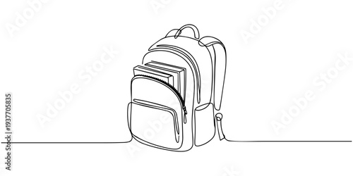 continuous one line drawing Minimalist line art of backpack with front pocket and zippered compartments. Non editable stroke. School backpack with zippers open