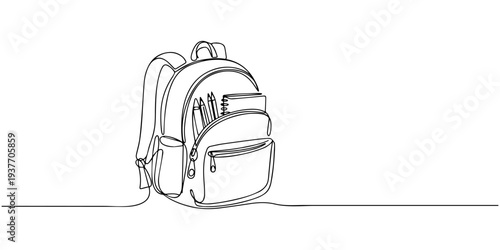 continuous one line drawing Minimalist line art of backpack with front pocket and zippered compartments. Non editable stroke. School backpack with zippers open