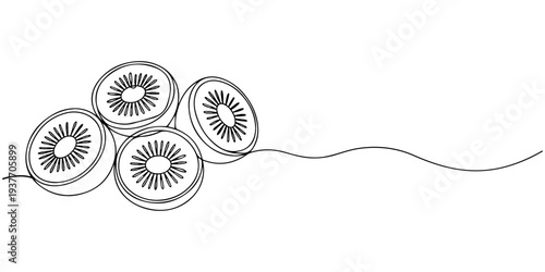 Kiwi fruit whole and a half in continuous line art drawing style. Black line sketch on white background. Vector illustration