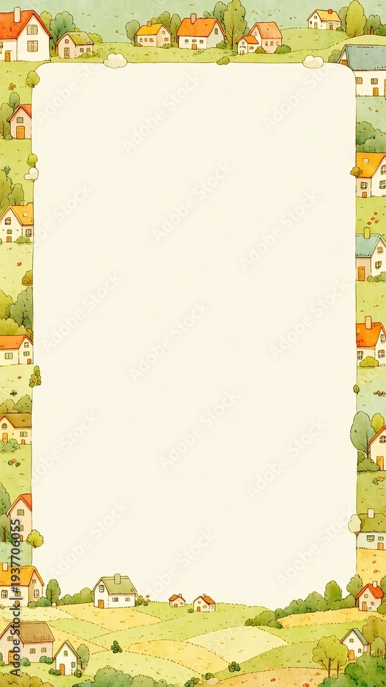 Naklejka premium 田園風景 フレーム 水彩イラスト かわいい村と家のナチュラル背景素材