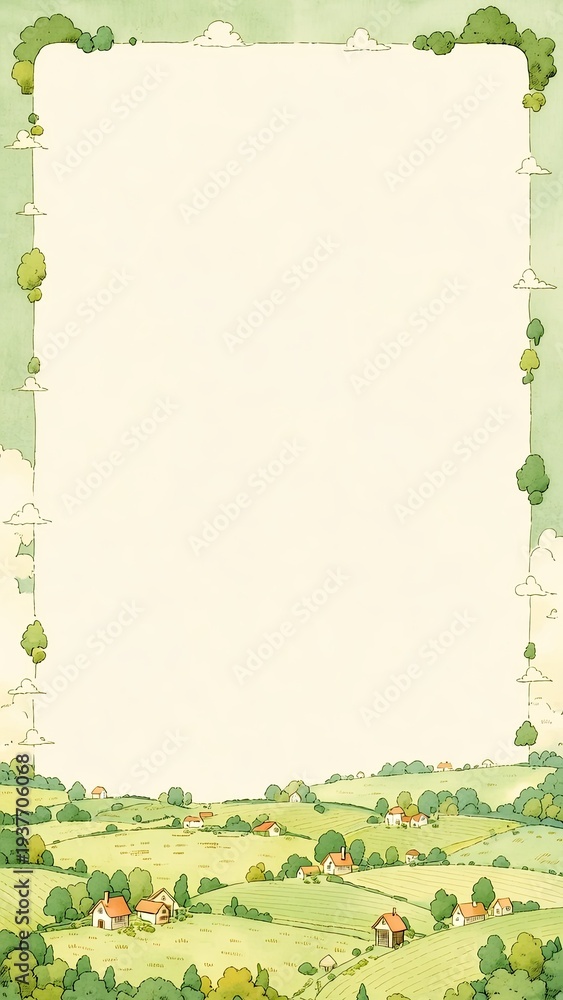 Naklejka premium 田園風景 フレーム 水彩イラスト 牧歌的な村と丘のナチュラル背景素材