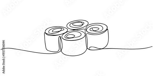 Continuous one line drawing of sushi rolls. Japanese food restaurant menu. Simple vector illustration