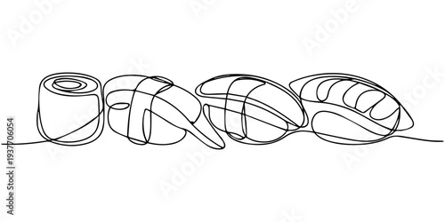 Continuous one line drawing of sushi rolls. Japanese food restaurant menu. Simple vector illustration