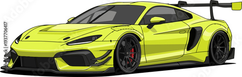 A bright yellow sports car speeds down a track with a large wing.