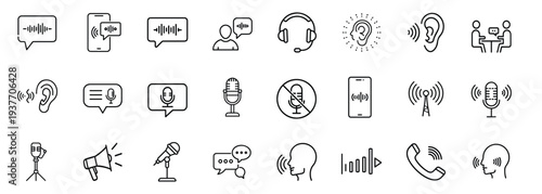 Voice and audio line icon set with microphone speech bubble, sound wave signal, headset call center, human ear hearing, phone communication more vector illustration or editable stroke.