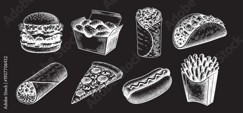 Fast food vector sketch set	on a black background with white chalk