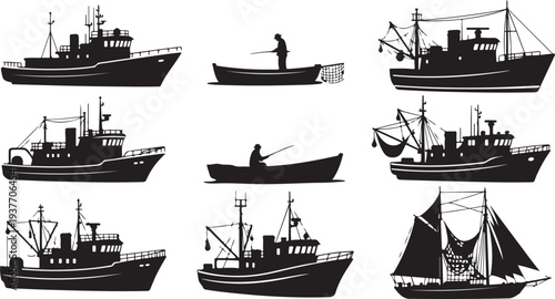 Fishing Boat Silhouette Set, Marine Activity Vector Bundle
