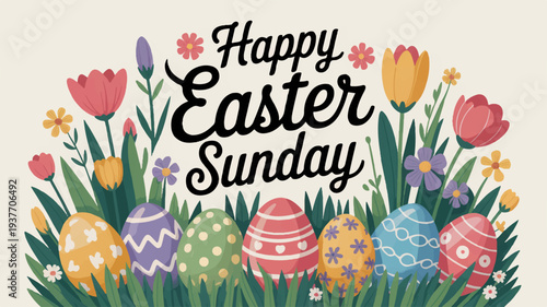 Colorful easter eggs and flowers with 'happy easter sunday' text in a festive spring scene