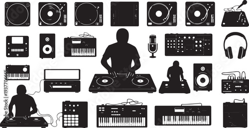 DJ Equipment Silhouette Collection, Music Studio Vector Pack.