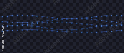 Deep blue glowing string lights offer a serene and elegant illumination on a dark transparent canvas