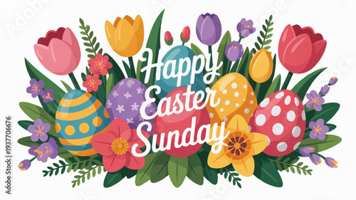 Colorful easter eggs and flowers arrangement with happy easter sunday text on white background