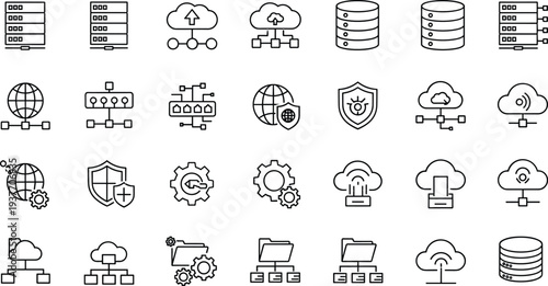 cloud, computing, data, server, network, security, storage, line, icon, set, technology, database, upload, download, outline, vector, collection, digital, system, infrastructure