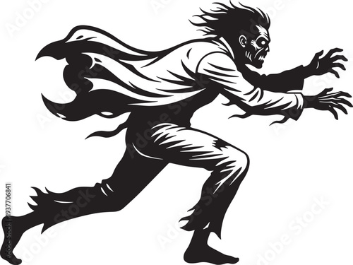 Black and white horror illustration of zombie creature running forward with tattered clothing, skeletal face, hollow eyes, aggressive pose, Halloween scary undead artwork design